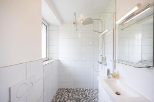 a white bathroom with a shower and a sink at Triple Evasion Terrasse in Zillisheim +13 photos