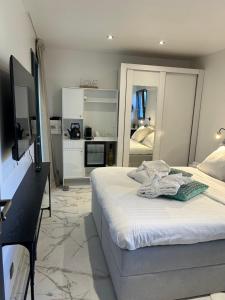 a bedroom with two beds and a tv and a room with at VILLA MESSILIA Guest Rooms French Riviera in Saint-Raphaël +24 photos