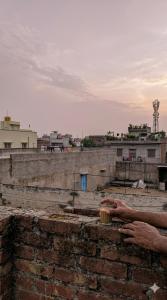 a man holding a cup on top of a brick wall at The Heritage Eco Stay in Bikaner