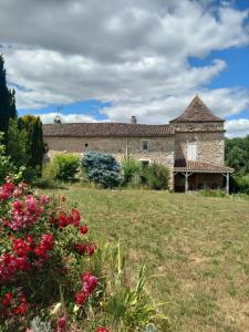 an old stone house with a field of flowers at La yourte des Merveillaux in Riocaud