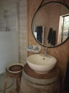 a bathroom with a white sink and a mirror at La yourte des Merveillaux in Riocaud