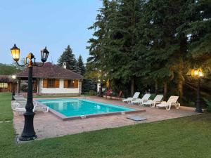 a swimming pool with chairs and a light pole at Zov Dičine in Savinac