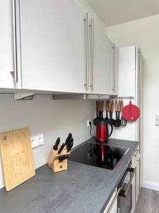 a kitchen with white cabinets and a counter top at Brauhaus Suite 16 in Sebnitz