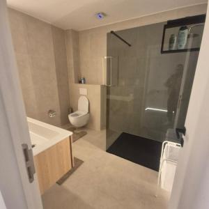 a bathroom with a shower and a toilet and a sink at House for Tomorrowland in Rijweg +13 photos