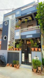 a building with potted plants in front of it at Khushi Homestay Hampi in New Hampi