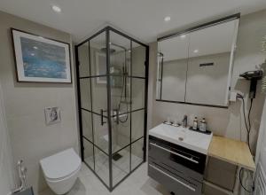 a bathroom with a shower and a toilet and a sink at Nordic Retreat Quiet Oasis in Oslo in Oslo