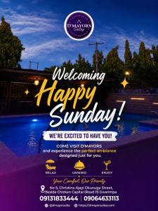 a flyer for a happy sunday with a swimming pool at D'Mayor Suites, Gwarinpa in Gwarinpa