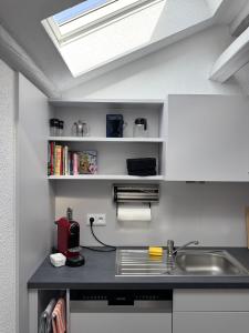 a kitchen with a sink and a skylight at Brauhaus Suite 16 in Sebnitz
