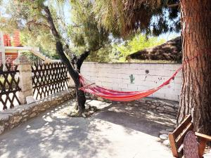 a hammock hanging from a tree next to a wall at Thassos Traditional House in Limenaria +10 photos
