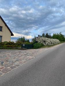 a road with white flowers on the side of a house at Agroturystyka Matłak in Matłak