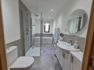 a bathroom with a toilet and a sink and a shower at Tylone in Lochdon +16 photos