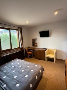 a bedroom with a bed and a desk and a television at Penzión Sunflower in Piešťany +8 photos