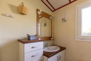 a bathroom with a sink and a mirror at Le Chalet 67, vue Lac Guerlédan & Accès Direct à l'Eau in Caurel +36 photos