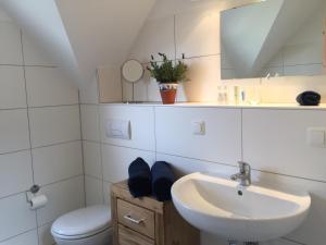 a bathroom with a sink and a toilet and a mirror at Strandläufer in Breege +29 photos