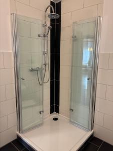 a shower stall with a glass door in a bathroom at City Loft Traum Quartier Apartments in Siegen