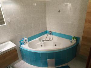 a bathroom with a bath tub with blue tiles at Červená cesta in Kunowitz +21 photos