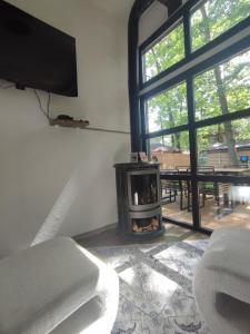 a living room with a fireplace next to a window at Luxe chalet midden in de natuur in Rijen