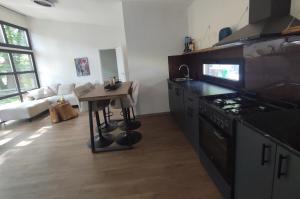 a kitchen with a stove and a table in a room at Luxe chalet midden in de natuur in Rijen