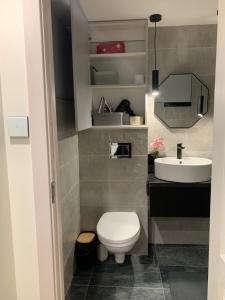 a bathroom with a toilet and a sink at Guest House in Ventspils +17 photos