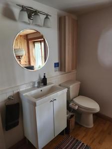 a bathroom with a sink and a toilet and a mirror at Triangle de l'Île Chambre La Yogi in Saint-Laurent-de-l'ile d'Orleans