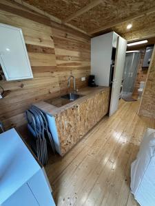 a kitchen with a sink and wooden walls at L'Écrin du Neudorf in Strasbourg +16 photos