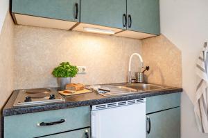 a small kitchen with a sink and a stove at Mohnrot - Fulgenhaus in Klein Bollhagen