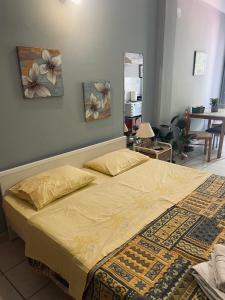 a bed in a bedroom with two paintings on the wall at Magklaras Seaside Apartments in Néa Palátia