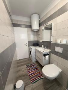 a bathroom with a toilet a sink and a washing machine at More Space, More Memories -Lana Rab Apartment in Rab +59 photos
