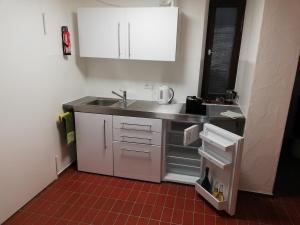 a small kitchen with a sink and a counter at Alb-Refugium - beautiful, quiet in Schopfloch