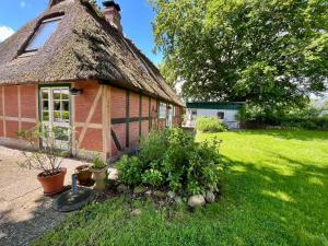 a small house with a thatched roof and some plants at Reetdachkate in Esgrus