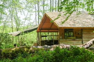 a small cabin in the woods with a roof at Adhurst Yurts in Sheet