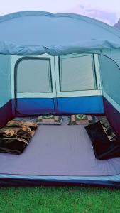 a blue tent with two beds in the grass at TIS Zipline Campingsite in Gurais +3 photos