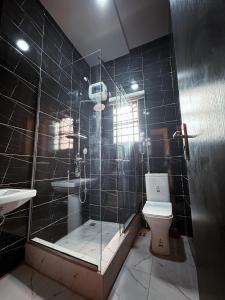 a bathroom with a shower and a toilet and a sink at The Movia Residences 1 in Enugu