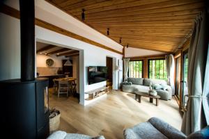 a living room with a couch and a fireplace at Domek nad jeziorem z jacuzzi ROMANTICA in Wilamowo