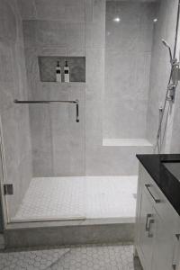 a bathroom with a shower with two shampoo bottles at Cozy & Spacious 2-Bedroom Basement Suite in Brampton