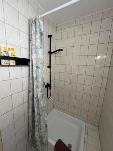 a shower in a tiled bathroom with a tub at Gemütliche Wohnung in Passau in Passau