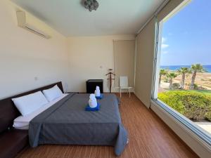 a bedroom with a bed and a large window at Nireas Crystal in Aglantzia +72 photos