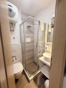 a bathroom with a shower and a toilet and a sink at Apartment Šušanj in Karlobag +91 photos
