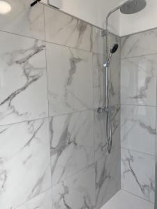 a bathroom with a shower with white marble at Le marcquis in Marcq +11 photos
