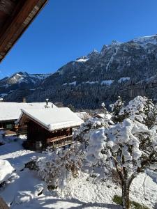 a house covered in snow with mountains in the background at Le Mazot des Révines - 2 pers in Champéry