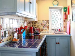 a kitchen with blue cabinets and a blue counter top at Pond Cottage in Alton