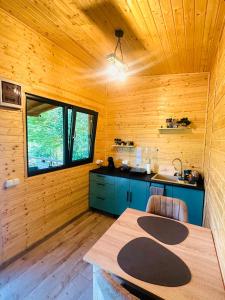 a kitchen with wooden walls and a wooden table at Wood Nest Curtea de Argeș - Cabană de vacanță în natură in Curtea de Argeş