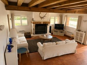 a living room with white furniture and a fireplace at La Bernache Solognote in Viglain