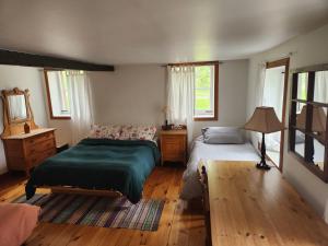 a bedroom with two beds and a mirror at Triangle de l'île Chambre Familiale in Saint-Laurent-de-l'ile d'Orleans