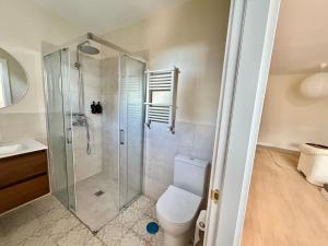 a bathroom with a shower and a toilet at Hostal Finca La Oliva in Oleiros
