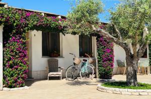 a bike parked next to a house with flowers at Domus Deiana Case Vacanza in San Giovanni Suergiu