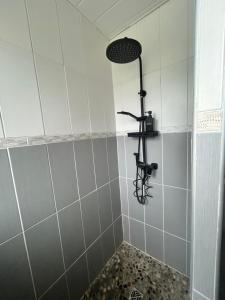a shower with a shower head in a bathroom at Maison avec jardin in Crozon
