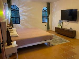 a bedroom with a bed and a flat screen tv at Finca Estrella de ASIA in Mérida