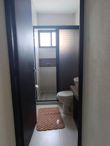 a bathroom with a shower and a toilet and a rug at Departamento comodo en Ubicacion Privilegiada in Mérida