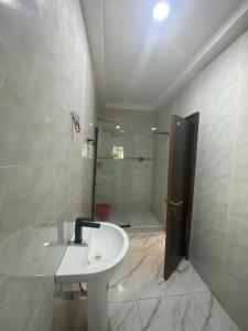 a bathroom with a sink and a shower at Adwels Hotel&Suites in Akure +13 photos